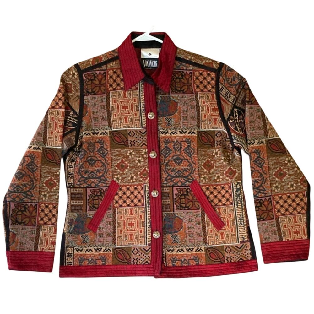 VTG Ladies Red Multicolored Embroidered Jacket Nepal Med Yak Magic Patchwork